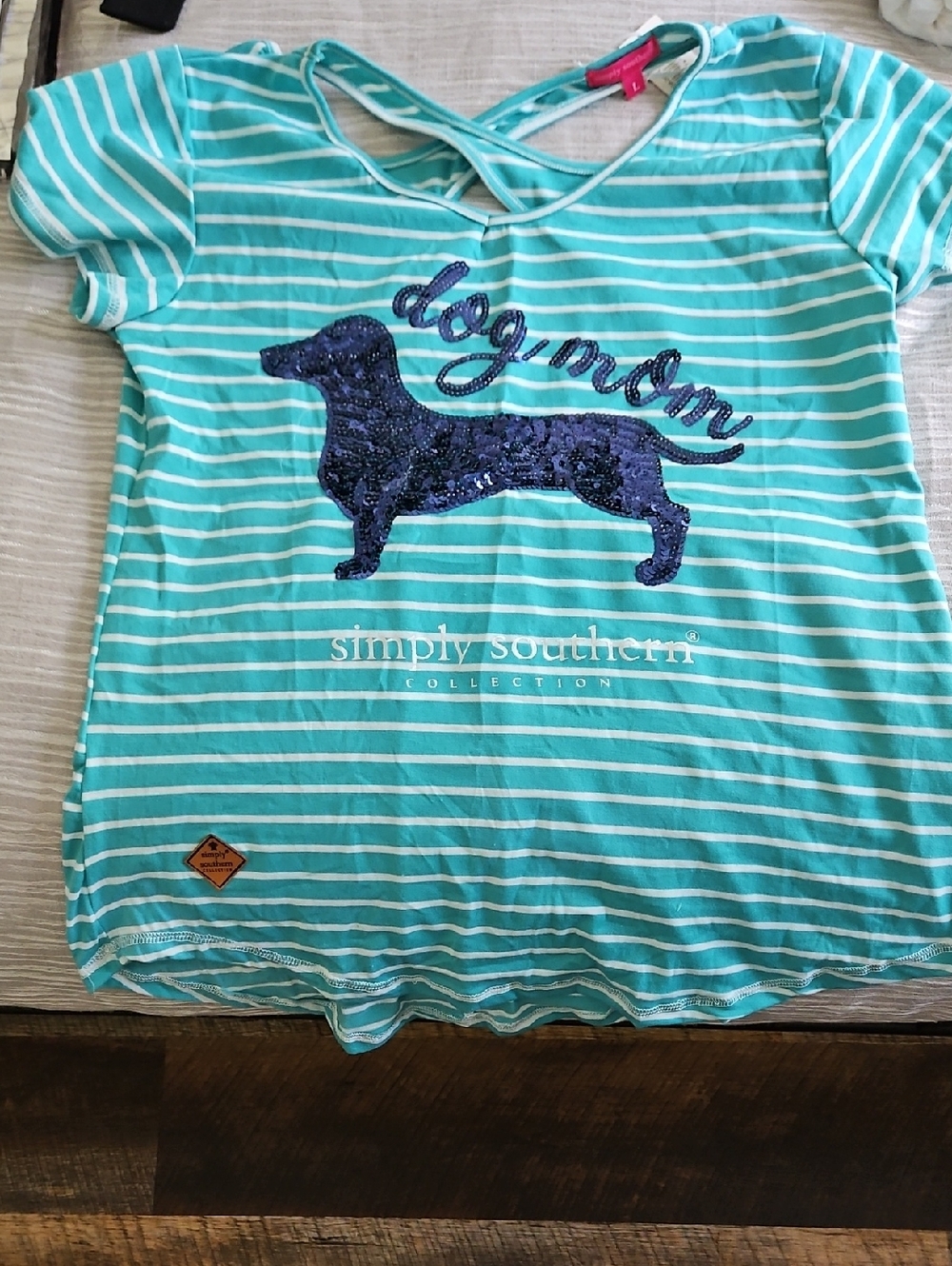 Simply Southern Teal & White Striped 'Dog Mom' Sequin Tee